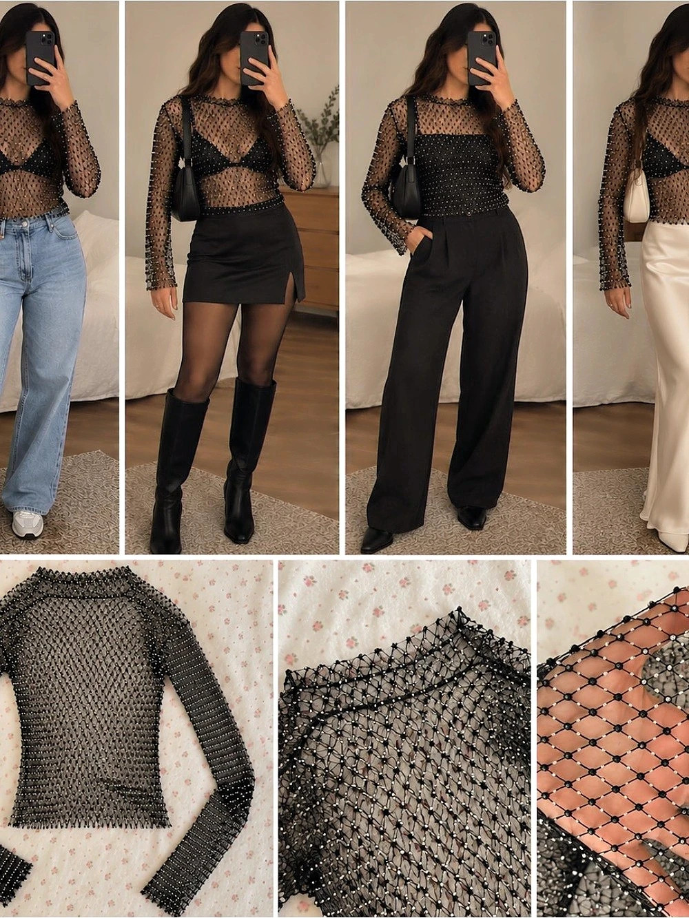 Black Rhinestone Sheer Mesh Long Sleeve Top